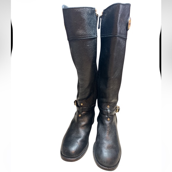 Tory Burch Black Leather Riding Boots Gold Logo Buckle Womens Size 8M - Picture 2 of 12